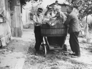 Hausrebenernte bei Familie Frey. Von links Heinrich Wilhelmy, Gabi, Arno und Norbert Frey und Opa Wilhelm